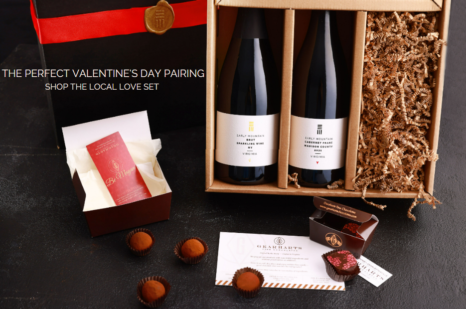 The Local Love set, including gift boxing, chocolates, a bottle of brut sparkling, and a bottle of cabernet franc. 