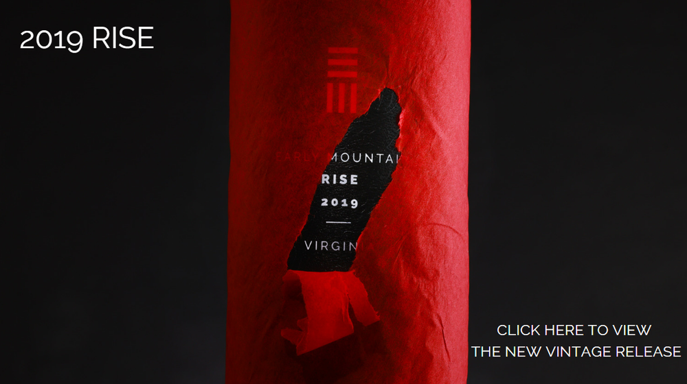 A close up shot of a bottle of 2019 RISE, wrapped in bright red tissue paper, with a tear down front revealing the vintage information