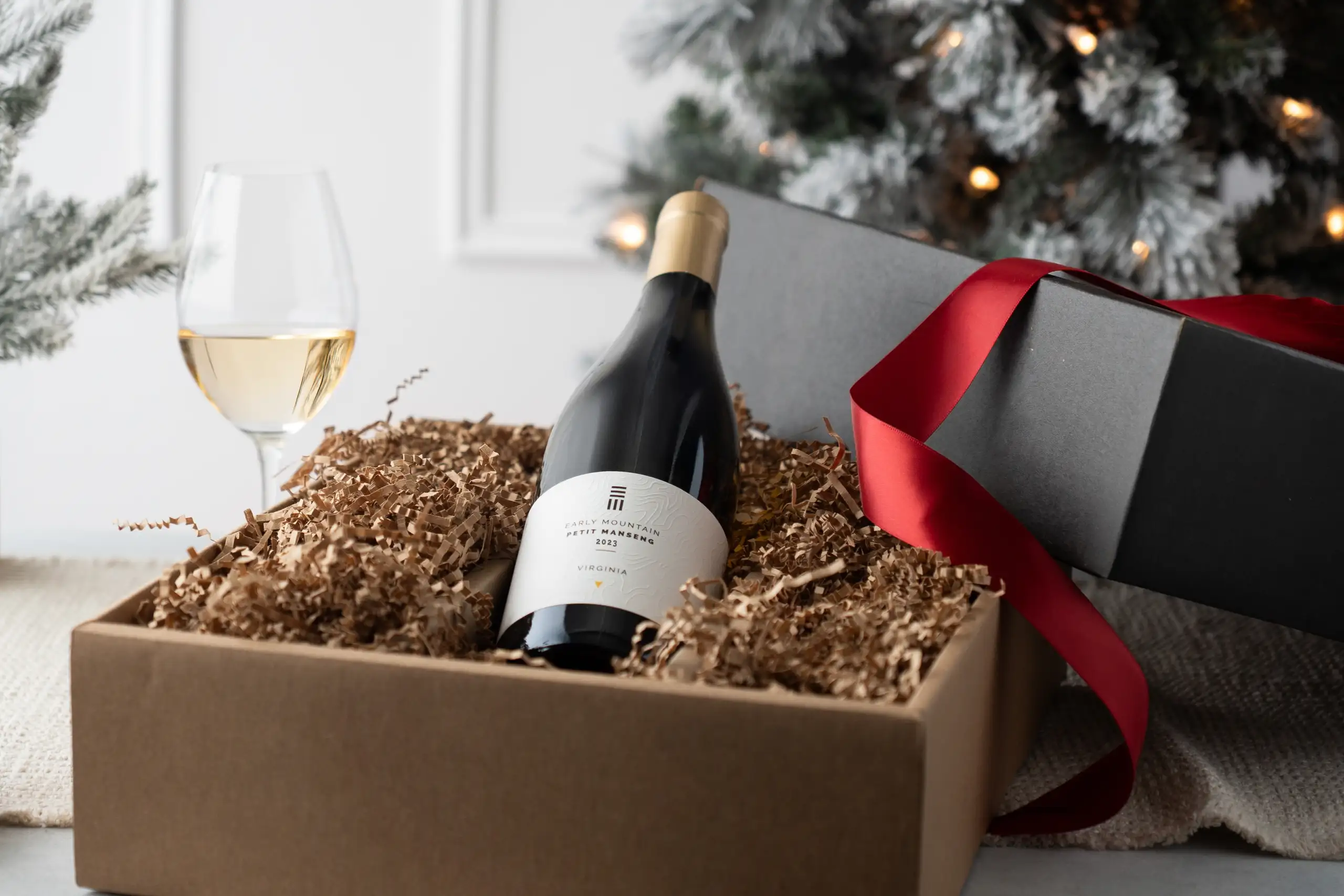 a beautifully gift-wrapped bottle of Petit Manseng from Early Mountain Vineyards in Virginia